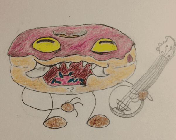 I drew this for my grandfather on his birthday, who loved doughnuts and playing the banjo. (2013)
